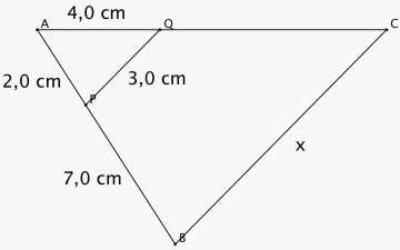 Trekanten ABC er delt i to av linjestykket PQ som er 3,0 cm langt. AP er 2,0 cm, PB er 7,0 cm, AQ er 4,0 cm.